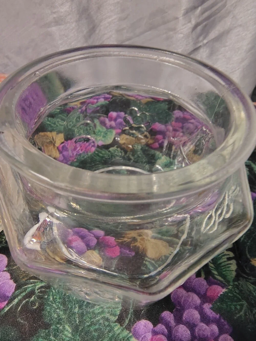 Vintage Embossed Grape Hexagon Glass Canister Jar with Lid